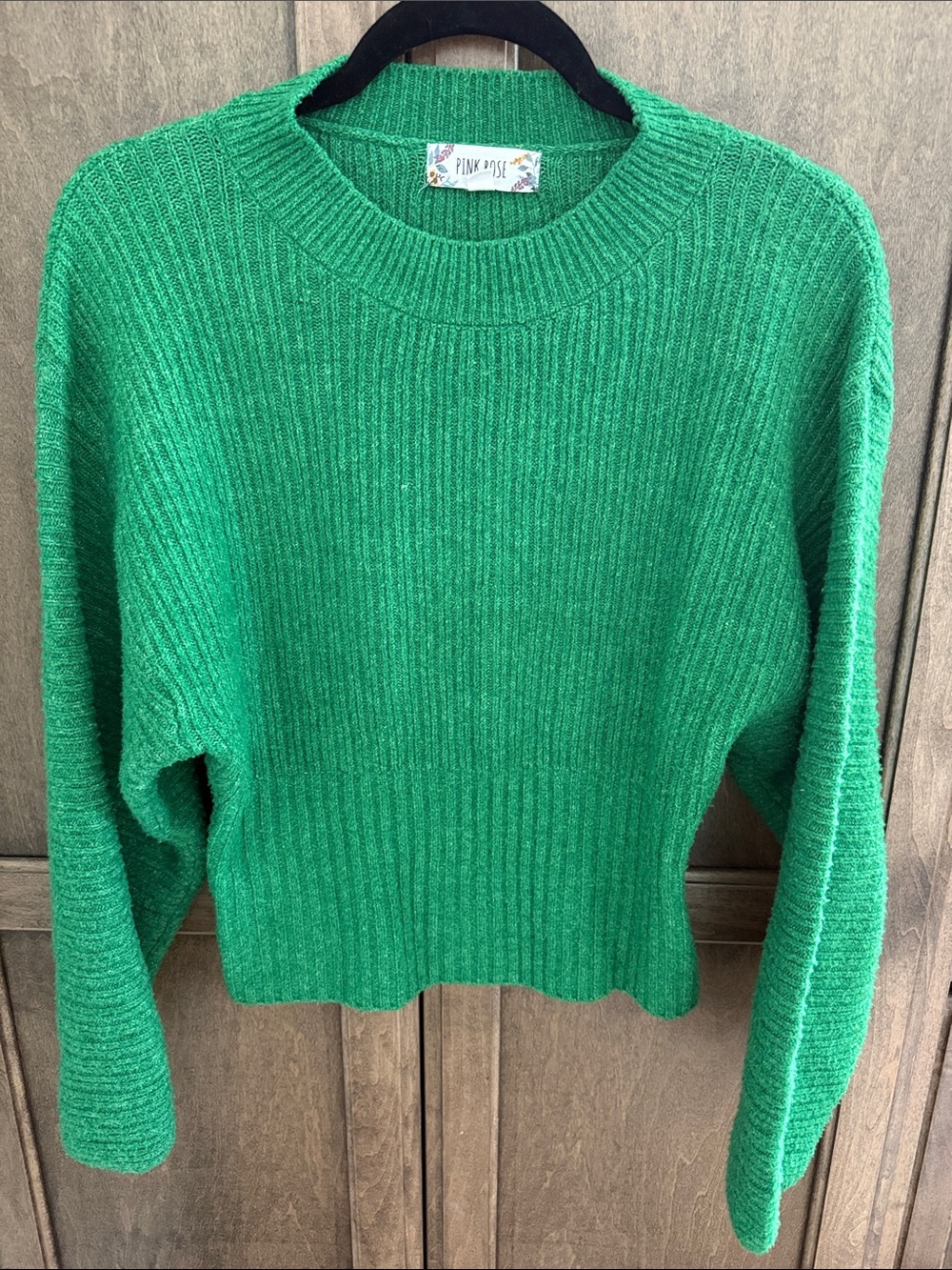 Pink Rose Bright Green Ribbed Crewneck Sweater